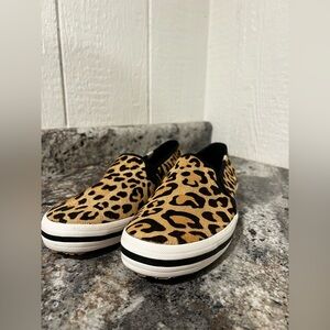 Keds x Kate Spade, Size 9 - leopard print, calf hair slip on sneakers